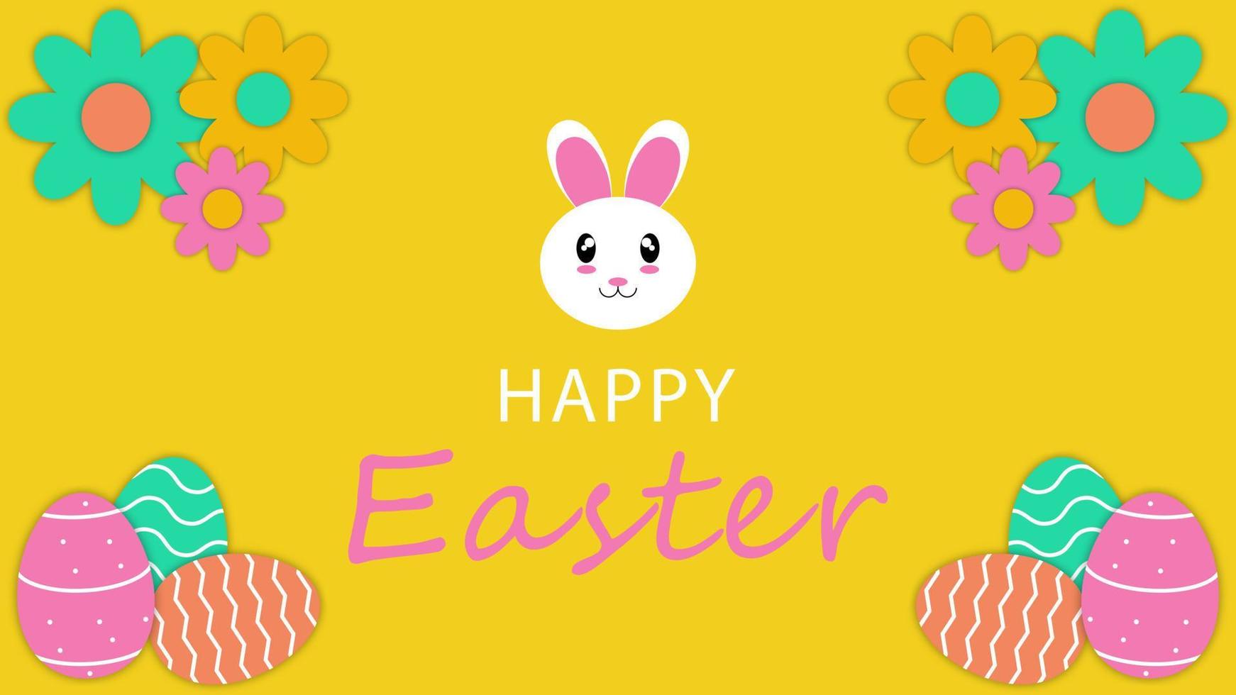 Easter banner and poster template design with Easter eggs, flower and rabbit on yellow background. Greetings and present for Easter day. Vector illustration. EPS 10.