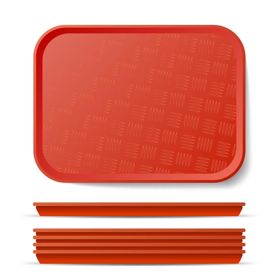 Red Plastic Tray Salver Vector. Classic Rectangular Red Plastic Tray, Plate With Handles. Top View. Restaurant, Fast Food, Kitchen Close Up Tray Isolated Illustration vector
