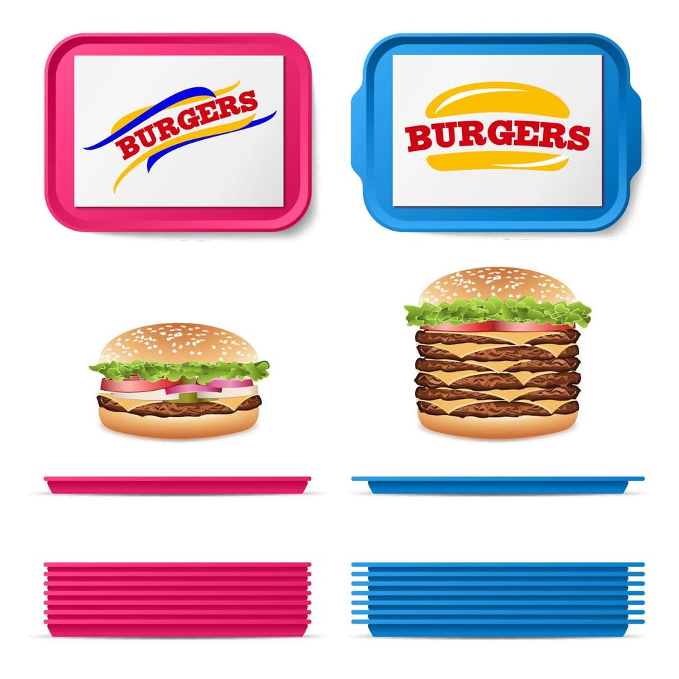 Tray Salver Set Vector. Empty Plastic Rectangular Tray Salvers With Fast Food Realistic Burger. Top View. Advertising, Branding Concept. Tray Isolated On White vector