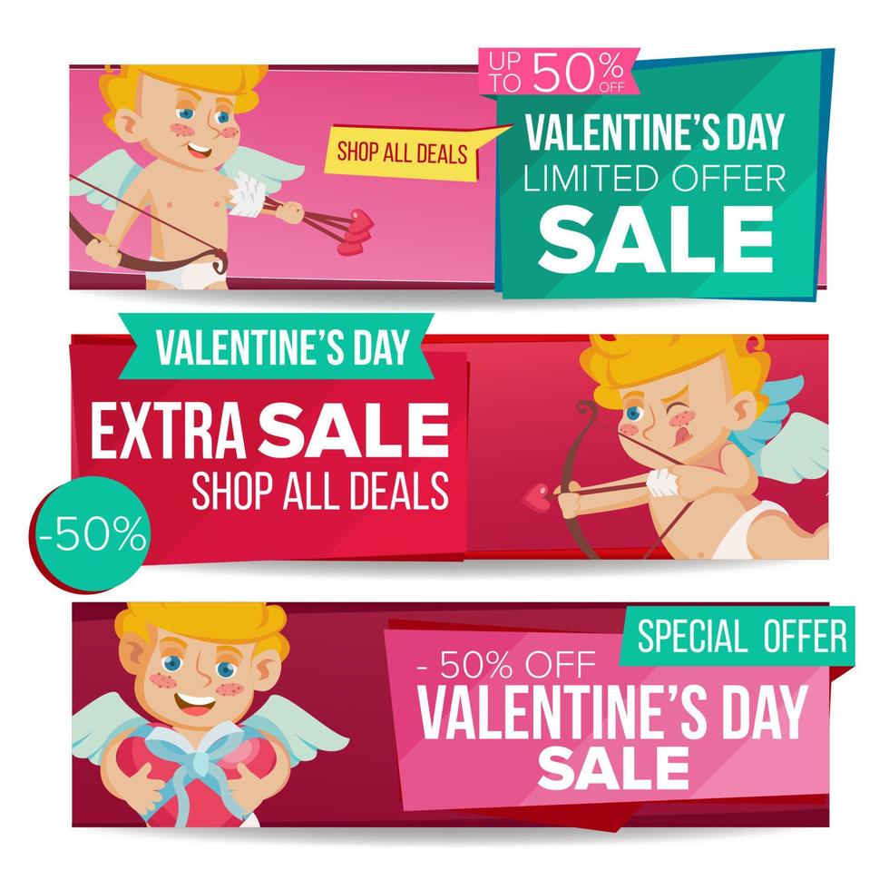 Valentine s Day Sale Banner Vector. February 14 Cupid. Discount Tag, Special Love Offer Horizontal Banners. Valentine Discount And Promotion. Half Price Romantic Stickers. Isolated Illustration vector