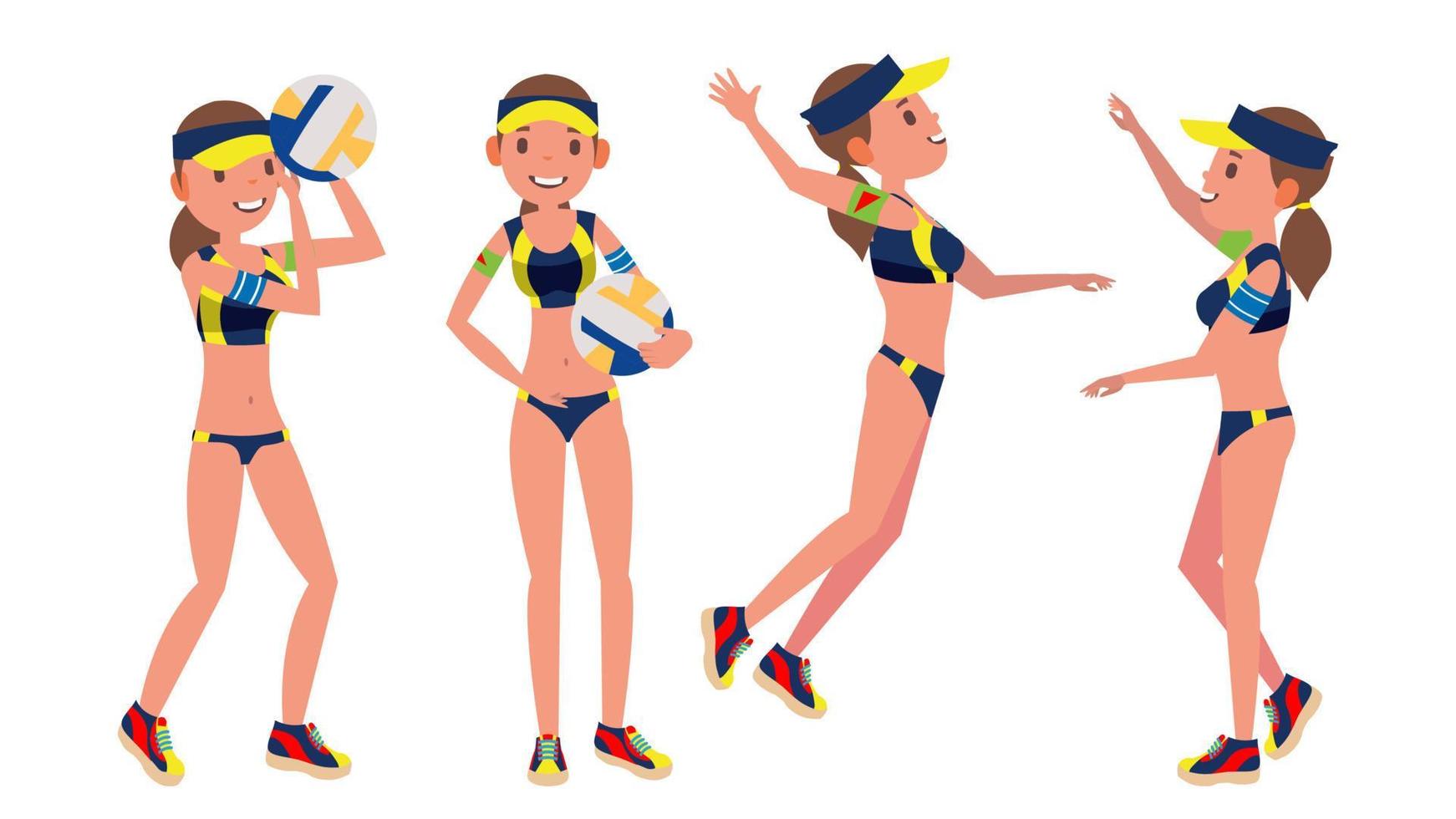 vector de jugador de voleibol de playa femenino. atleta profesional. jugadores en diferente posición. juegos de deportistas ilustración de dibujos animados plana