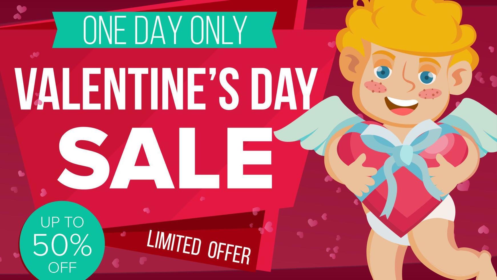 vector de banner de venta de día de san valentín. Cupido feliz. anuncio de venta de vacaciones. diseño para pancarta, folleto, afiche, oferta de descuento del 14 de febrero. mejor liquidación. ilustración de publicidad comercial.