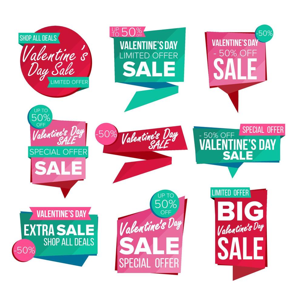 vector de conjunto de banner de venta de día de san valentín. banner de cupón de venta del 14 de febrero. pegatinas de sitios web, me encanta el diseño de páginas web. hasta un 50 por ciento de descuento en insignias de San Valentín. ilustración aislada