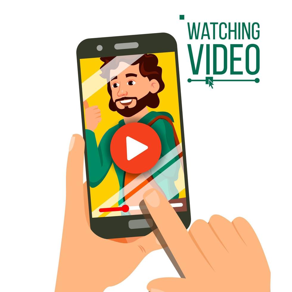 Watching Video On Smartphone Vector. Video Player On Screen. Red Play Symbol Button. Finger Touch Screen. Isolated Flat Illustration vector