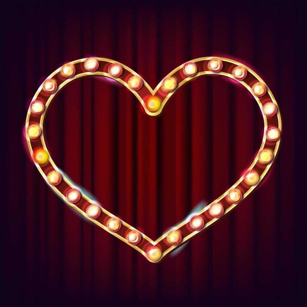 Golden Heart Frame Vector. Glowing Light Bulbs. Retro Lamp Heart Frame Sign. Vintage Golden Illuminated Neon Light. 3D Realistic Illustration vector