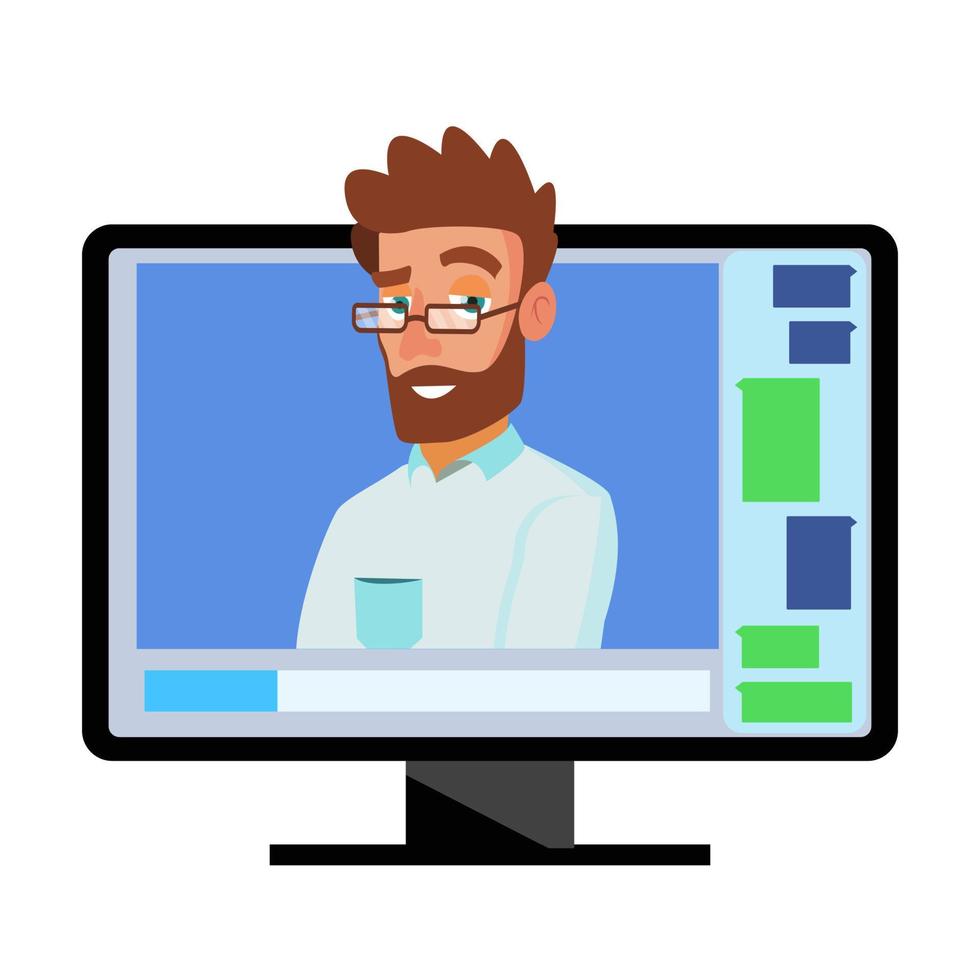 Online Video Conference Vector. Man And Chat. Director Communicates With Staff. Webinar. Business Meeting, Consultation, Seminar, Online Training Concept. Flat Cartoon Isolated Illustration vector