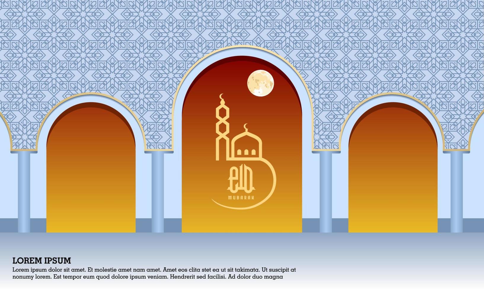 eid mubarak, tarjeta de felicitación islámica color azul y fondo de diseño naranja amarillo con adorno moderno islámico vector