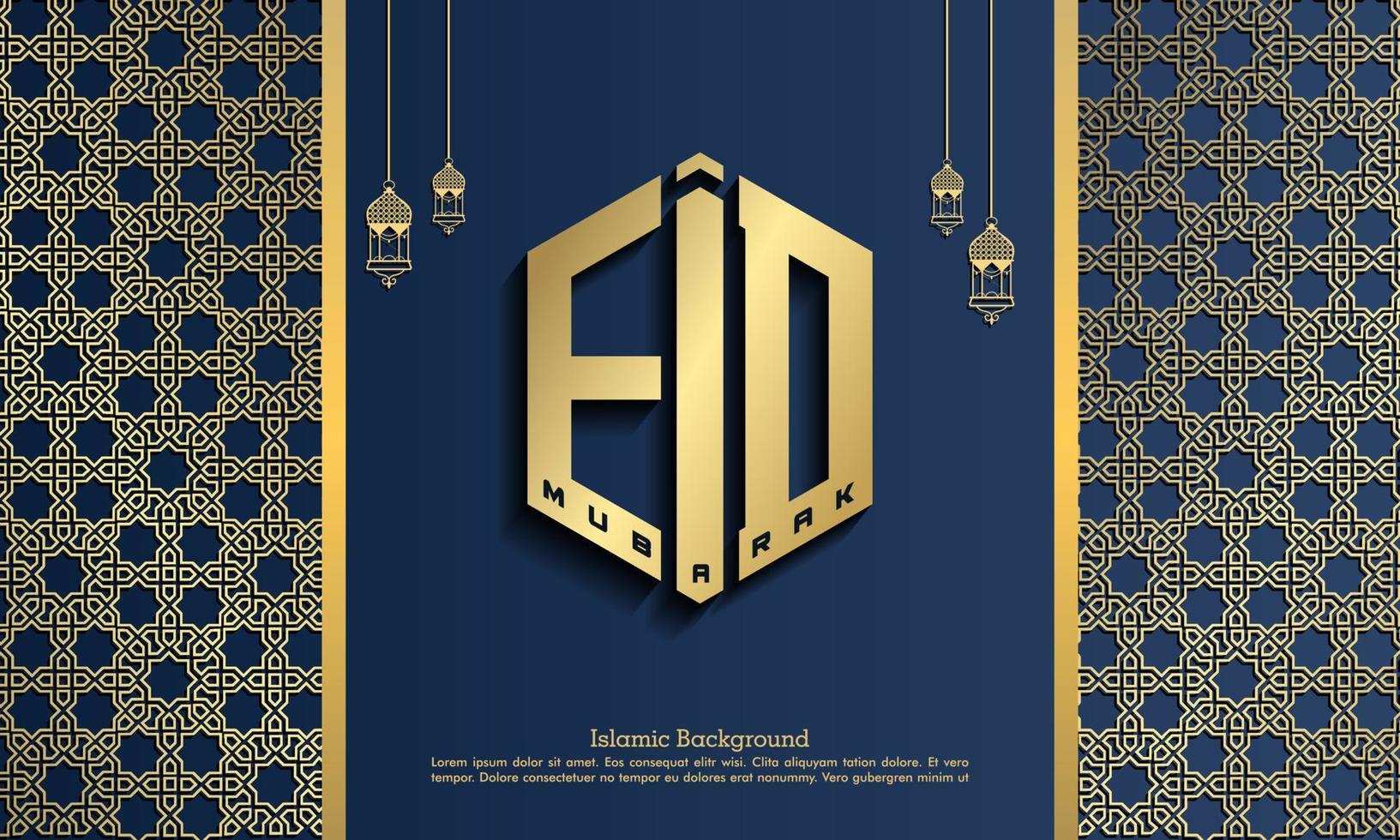 Happy eid mubarak, islamic greeting card blue and gold color design background with islamic modern ornament vector