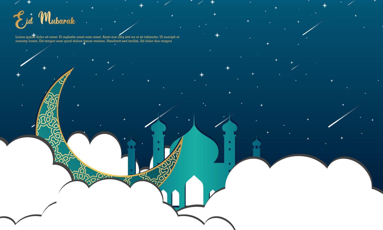 feliz eid mubarak, tarjeta de felicitación islámica color azul y fondo de diseño de mezcla de nubes con adorno islámico moderno vector