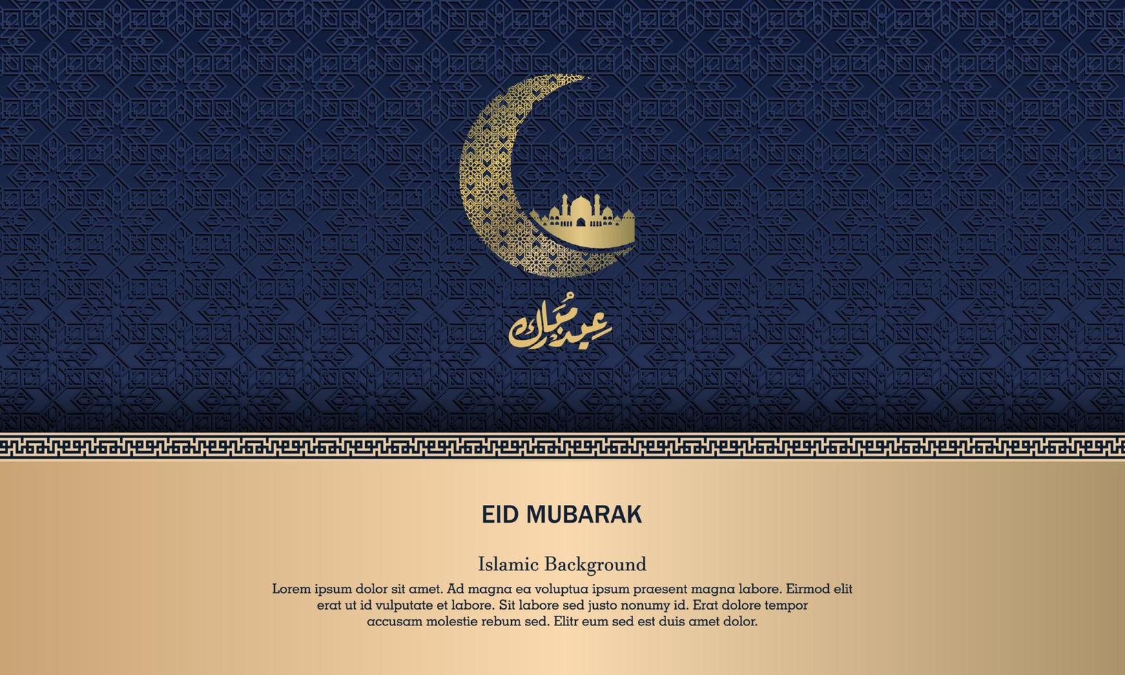 Happy eid mubarak, islamic greeting card blue and gold color design background with islamic modern ornament vector