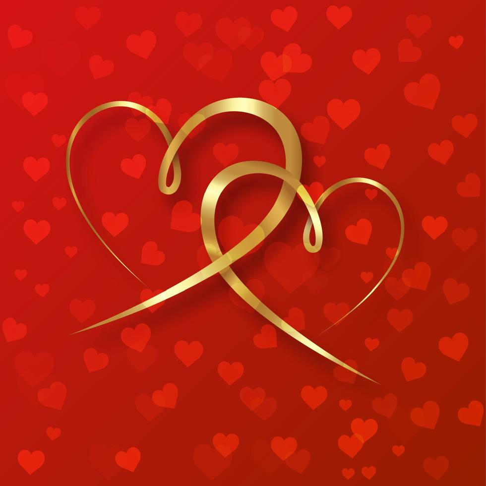 Marriage rings. Two golden interlocking hearts isolate on red background. Happy valentines day concept, 3d vector illustration, copy space luxury banner