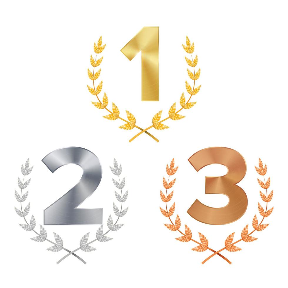 Trophy Award Set Vector. Award. Figures 1, 2, 3 One, Two, Three In A Realistic Gold Silver Bronze Laurel Wreath. Winner Trophy Award. Isolated Illustration vector