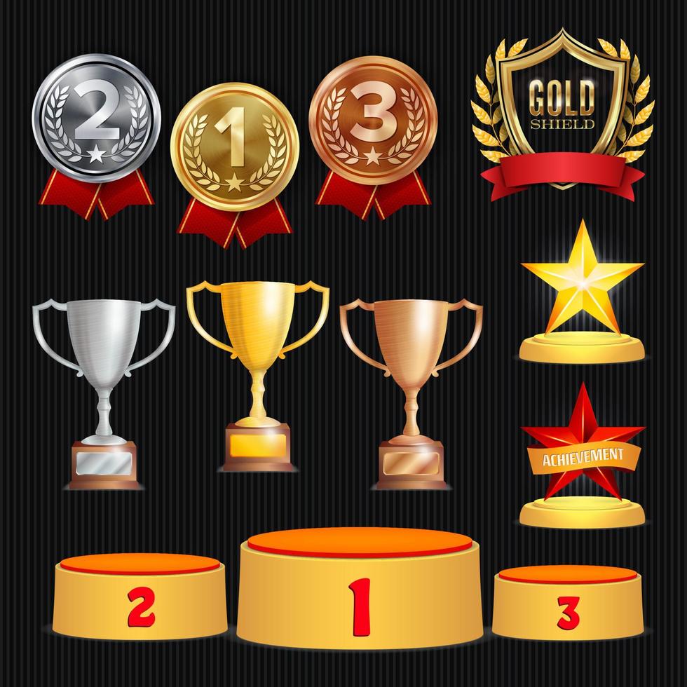 Award Trophies Vector Set. Achievement For 1st, 2nd, 3rd Place Ranks. Ceremony Placement Podium. Golden, Silver, Bronze Achievement. Championship Stars. Laurel Wreath With Gold Shield