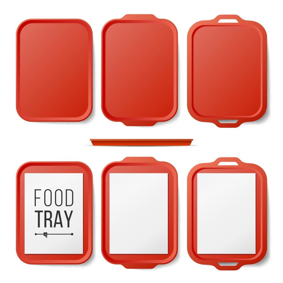 Empty Plastic Tray Salver Set Vector. Rectangular Red Plastic Tray Salver With Handles. Top View. Tray Isolated Illustration vector