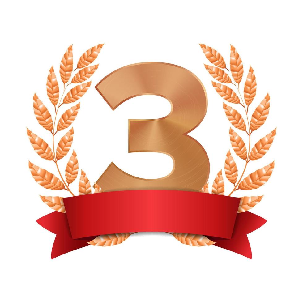 3rd Trophy Award Vector. Third Bronze Placement Achievement. Figure 3 Three In A Realistic Bronze Laurel Wreath. Red Ribbon. Isolated Illustration vector