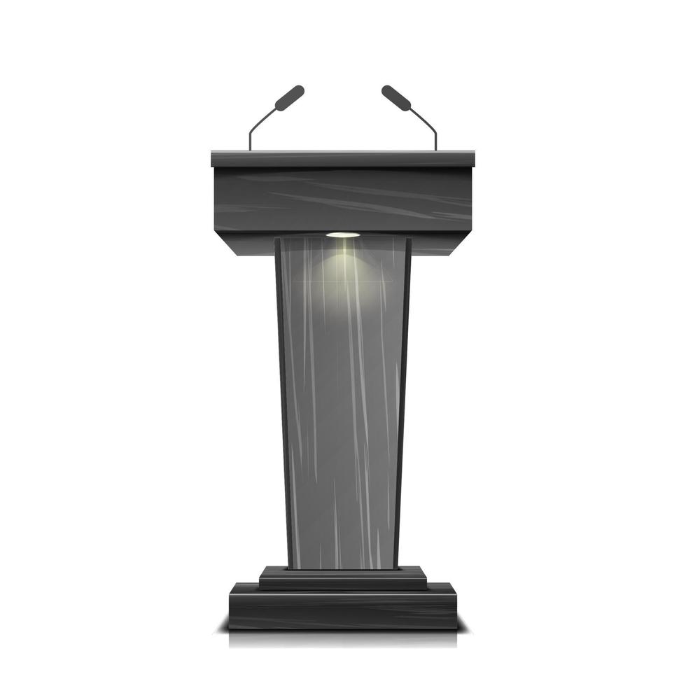 Realistic Wooden Tribune Isolated Vector. With Two Microphones. Dark Wooden Podium Stand Sign Rostrum. Illustration For The Performance Presentation Speech. vector