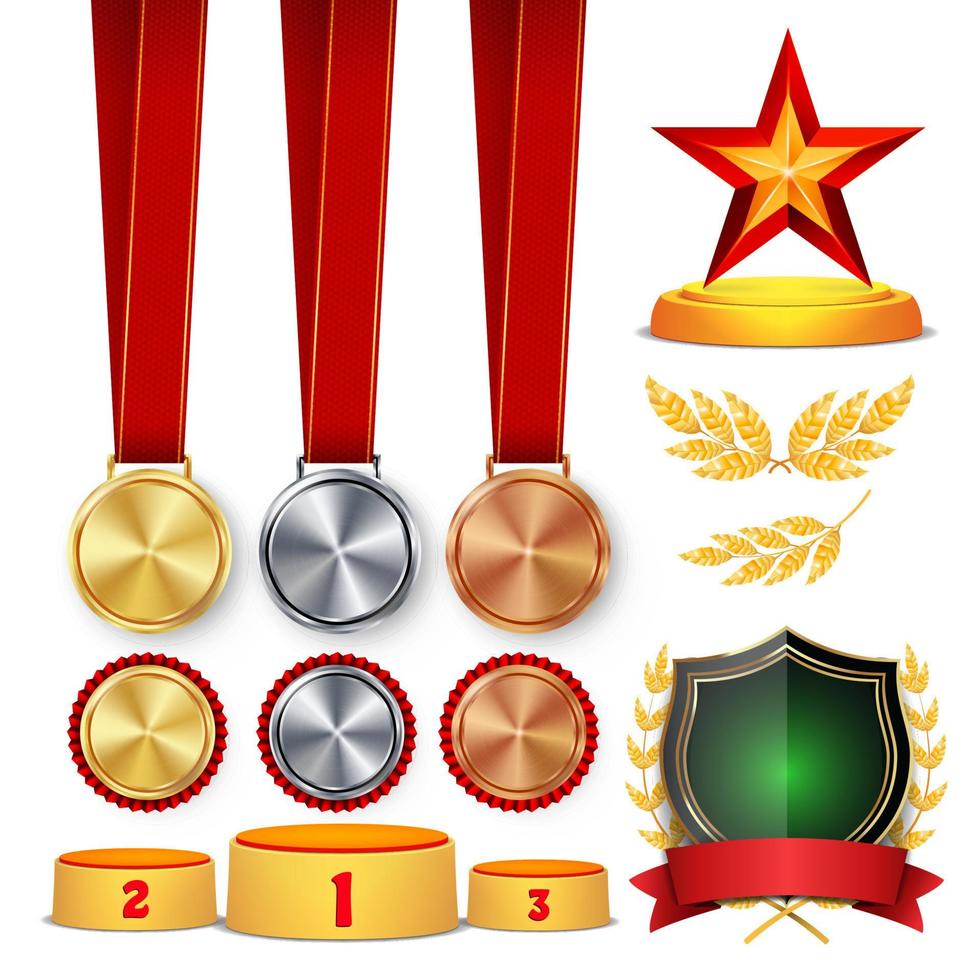 premio de honor del ganador de la ceremonia. copas de trofeos, corona de laurel dorada con cinta roja y escudo dorado, plantilla de medallas, podio de colocación deportiva. 1er, 2do, 3er lugar. aislado. ilustración vectorial vector