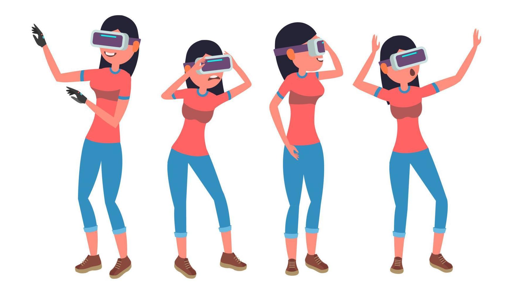 Woman In Virtual Reality Glasses Vector. Virtual Cyberspace. 3D VR Glasses. Vr Technology. In Action. Flat Illustration vector
