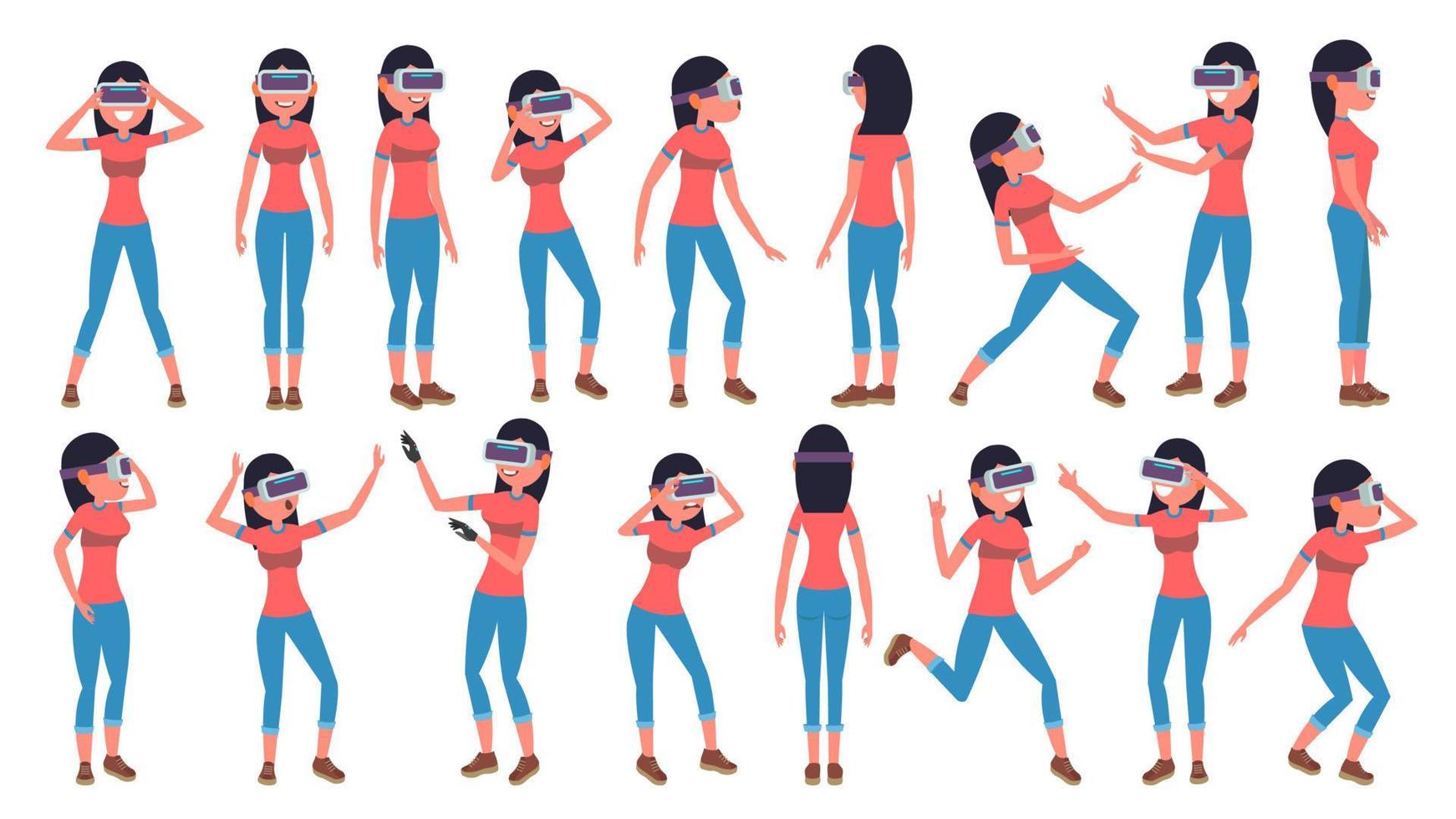 mujer en vector de gafas de realidad virtual. concepto de ciberespacio. gafas 3d vr. posa ilustración plana