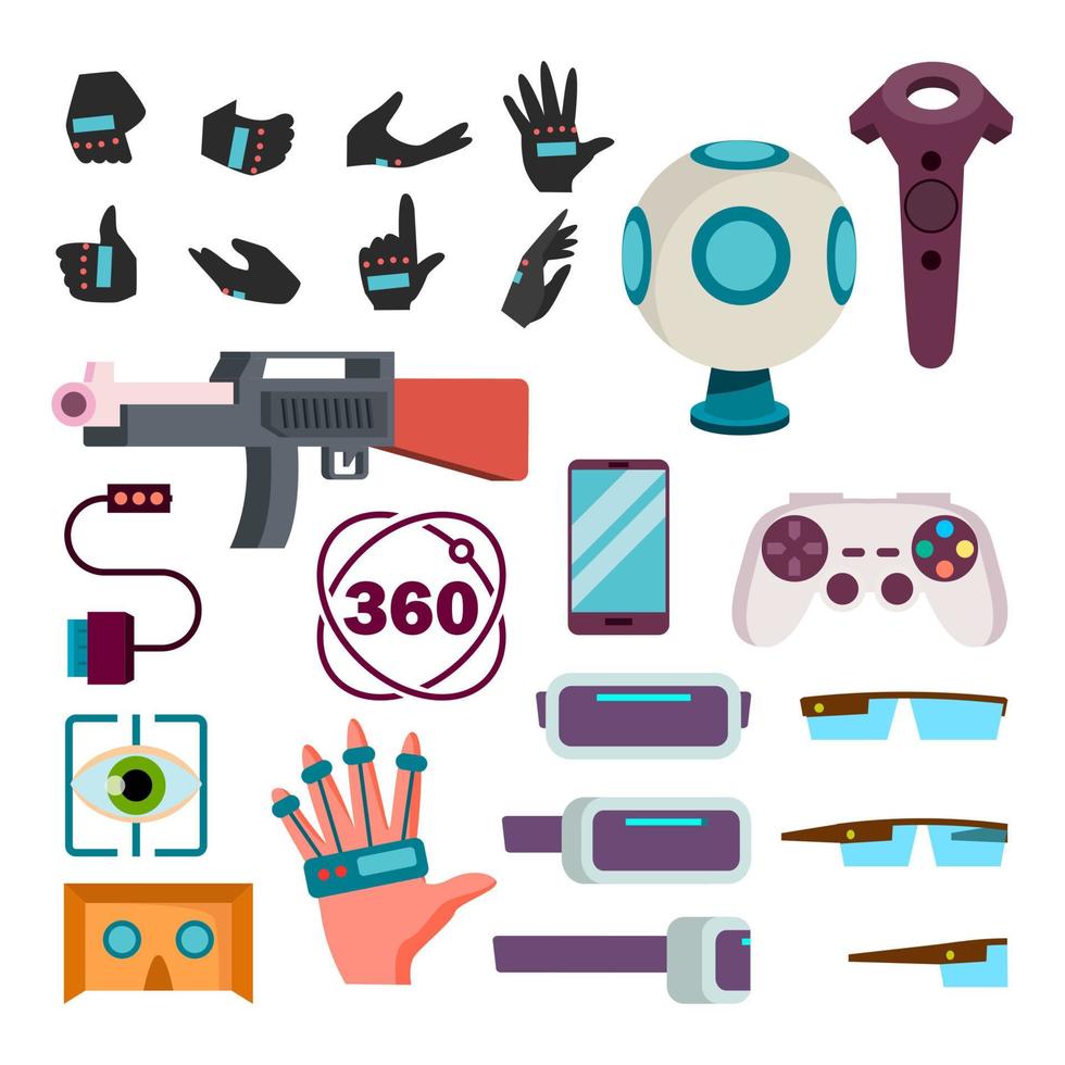 conjunto de iconos de realidad virtual vector. accesorios de realidad virtual vr. arma, guantes, consola, controlador, anteojos, vista, mano. ilustración de dibujos animados plana aislada vector