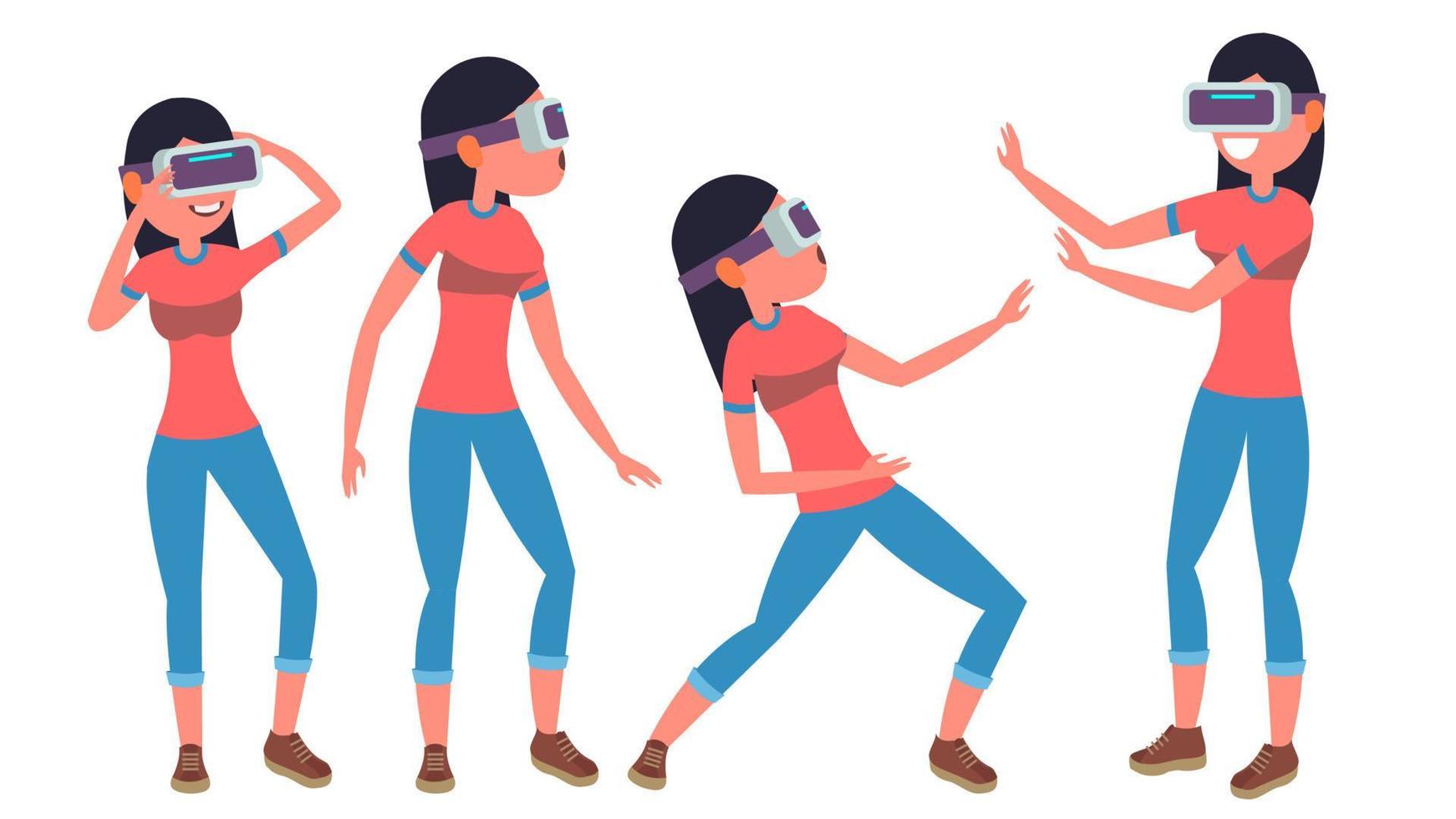 Woman In Virtual Reality Glasses Vector. Poses. 360 Game. Flat Illustration vector