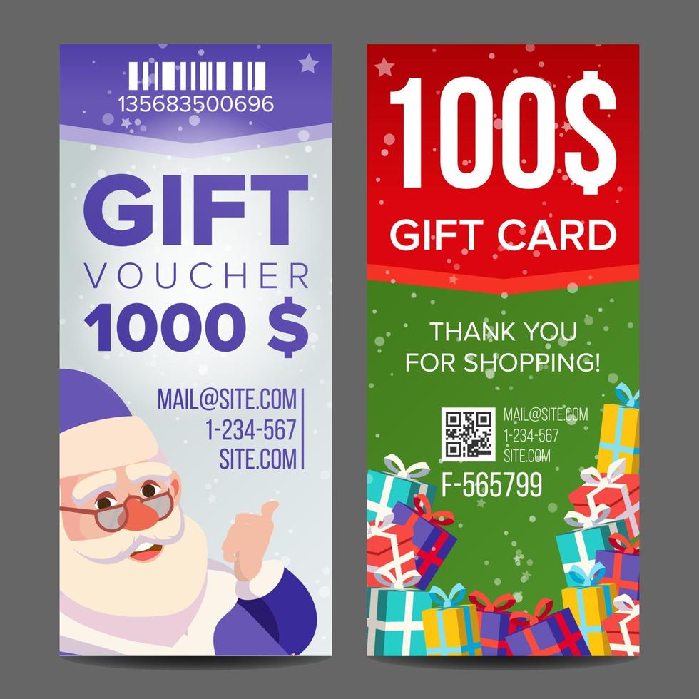 Voucher Coupon Template Vector. Vertical Leaflet Offer. Merry Christmas. Happy New Year. Santa Claus And Gifts. Promotion Advertisement. Free Gift Illustration vector