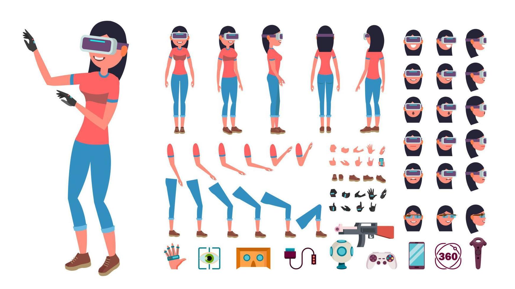 mujer en el vector de auriculares de realidad virtual. conjunto de creación de personajes animados. gafas 3d vr. longitud completa, vista frontal, lateral, trasera, accesorios, poses, emociones, gestos. ilustración plana de realidad virtual