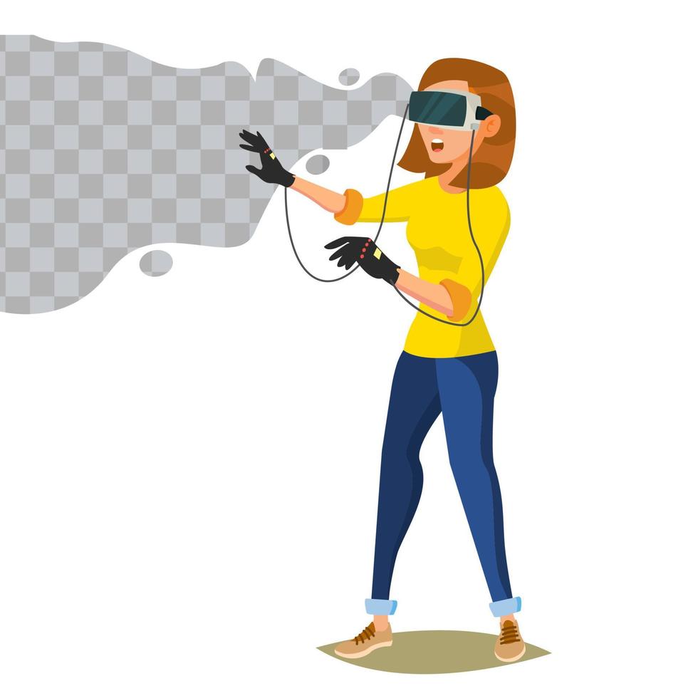 3d Reality Simulation Vector. Having A Good Time With Wearing Virtual Reality Device. Enjoying VR Device. New Virtual Technologies. Cartoon Character Illustration vector