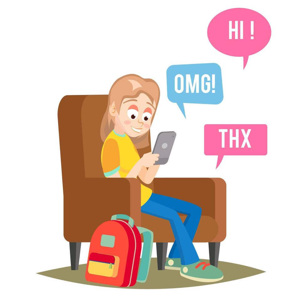 Teen Girl Vector. Happy Girl Talking, Chatting On Network. Devices And Social Media Addiction. Isolated Flat Cartoon Character Illustration vector