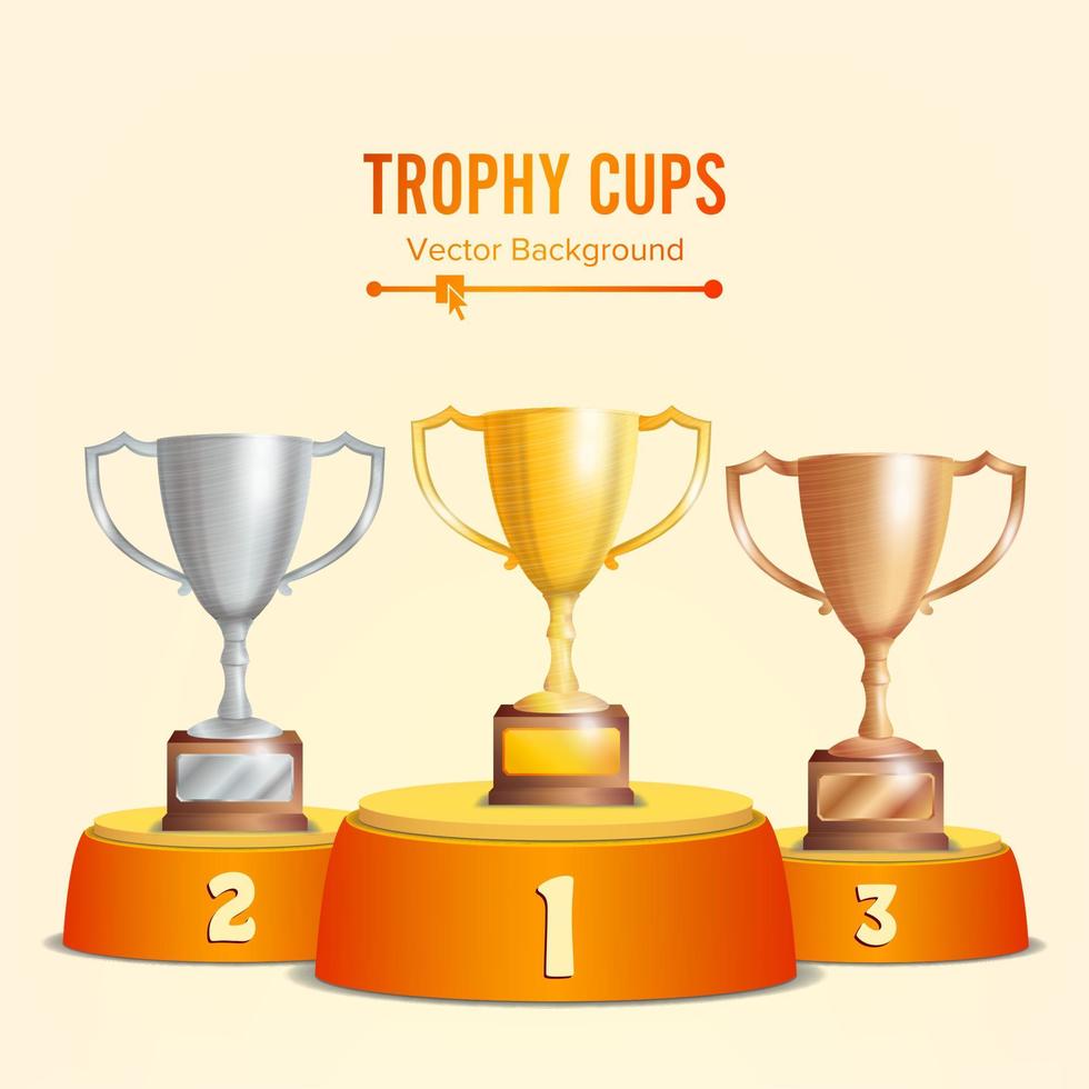 Trophy Cups On Podium. Golden, Bronze, Silver. Winners Pedestal Concept With First, Second And Third Place. Award Ceremony. Winner . Vector Illustration