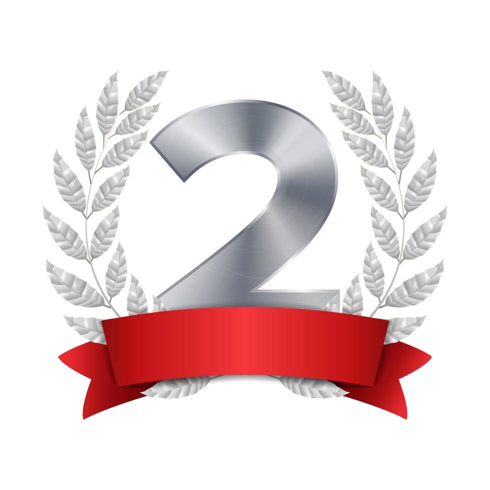 2nd Trophy Award Vector. Second Silver Placement Achievement. Figure 2 Two In A Realistic Silver Laurel Wreath. Red Ribbon. Isolated Illustration vector