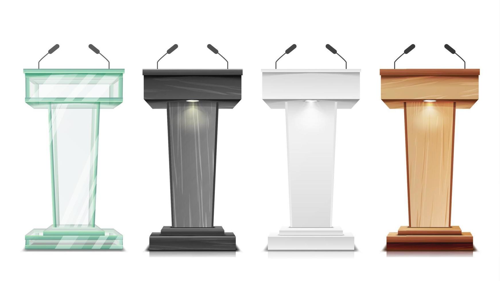 Tribune Set Vector. Podium Rostrum Stand With Microphones. Business Presentation Or Conference, Debate Speech Isolated Illustration vector