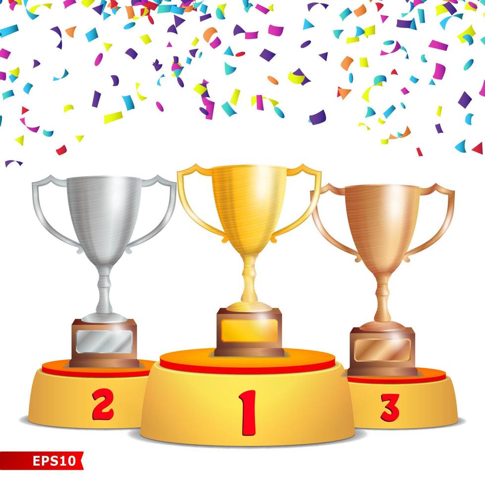 Trophy Cups On Podium. Golden, Bronze, Silver. Winners Pedestal Concept With First, Second And Third Place. Award Ceremony Falling Confetti. Winner . Vector Illustration