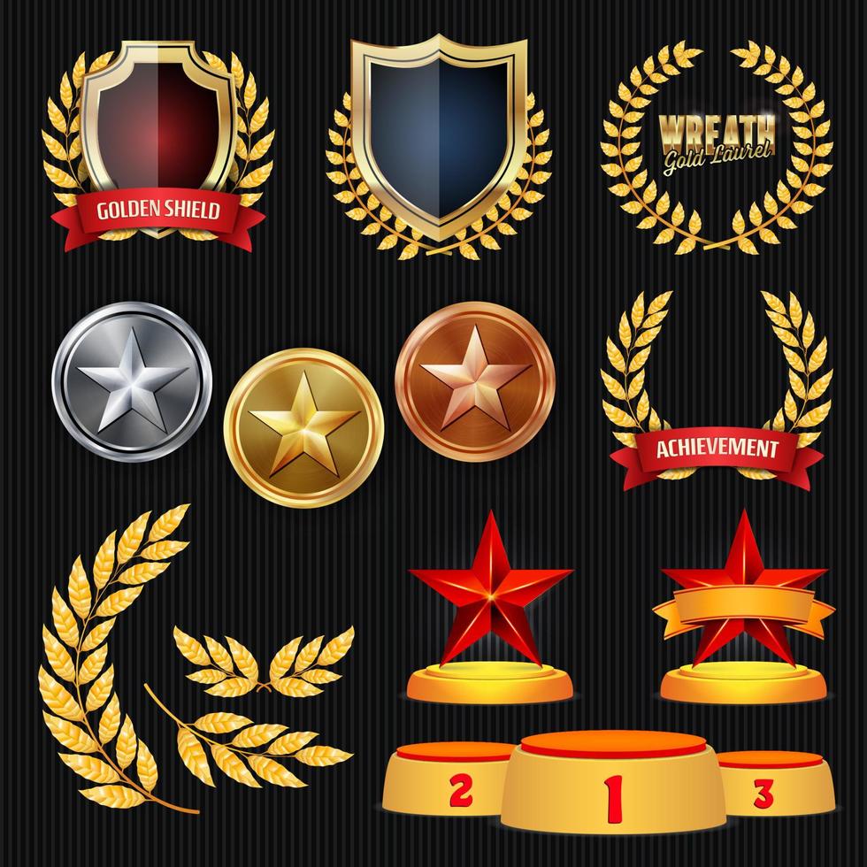 colección de trofeos y premios vectoriales. insignias y etiquetas doradas. diseño de campeonato 1er, 2do, 3er lugar. logro de oro, plata, bronce. insignia, medalla. vector