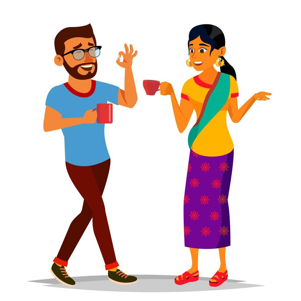Talking Indian Man And Woman Vector. Laughing Friends, Office Colleagues. Communicating Hindu. Business Person. Talk Of Couple Or Friends. Situation. Meeting. Isolated Flat Cartoon Illustration vector