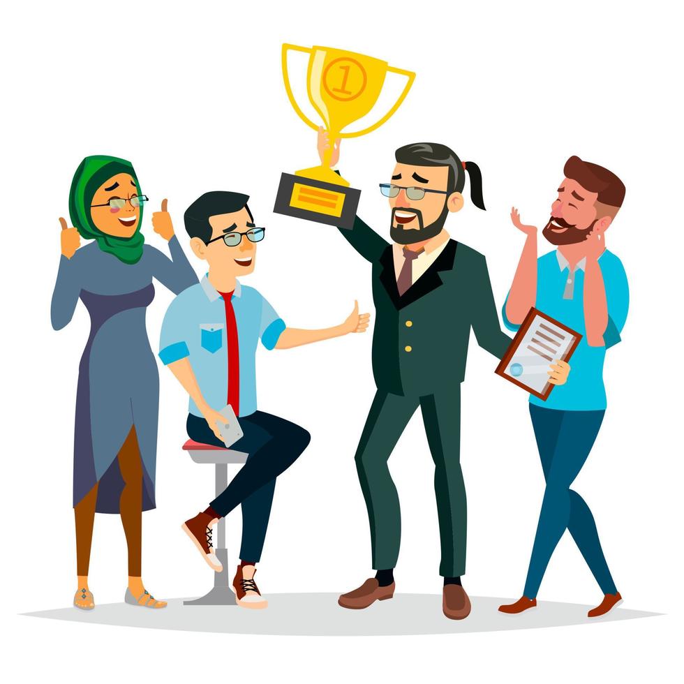 Business People Attainment Vector. Businessman Leader Holding Winner Golden Cup. Modern Office Employee. Isolated Flat Cartoon Character Illustration vector