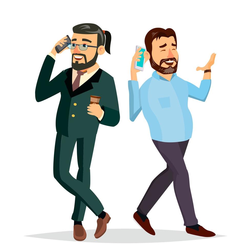 Business Men Talking To Each Other On The Phone Vector. Office Friends, Colleagues. Boss, CEO. Communicating Male. Isolated Flat Cartoon Character Illustration vector