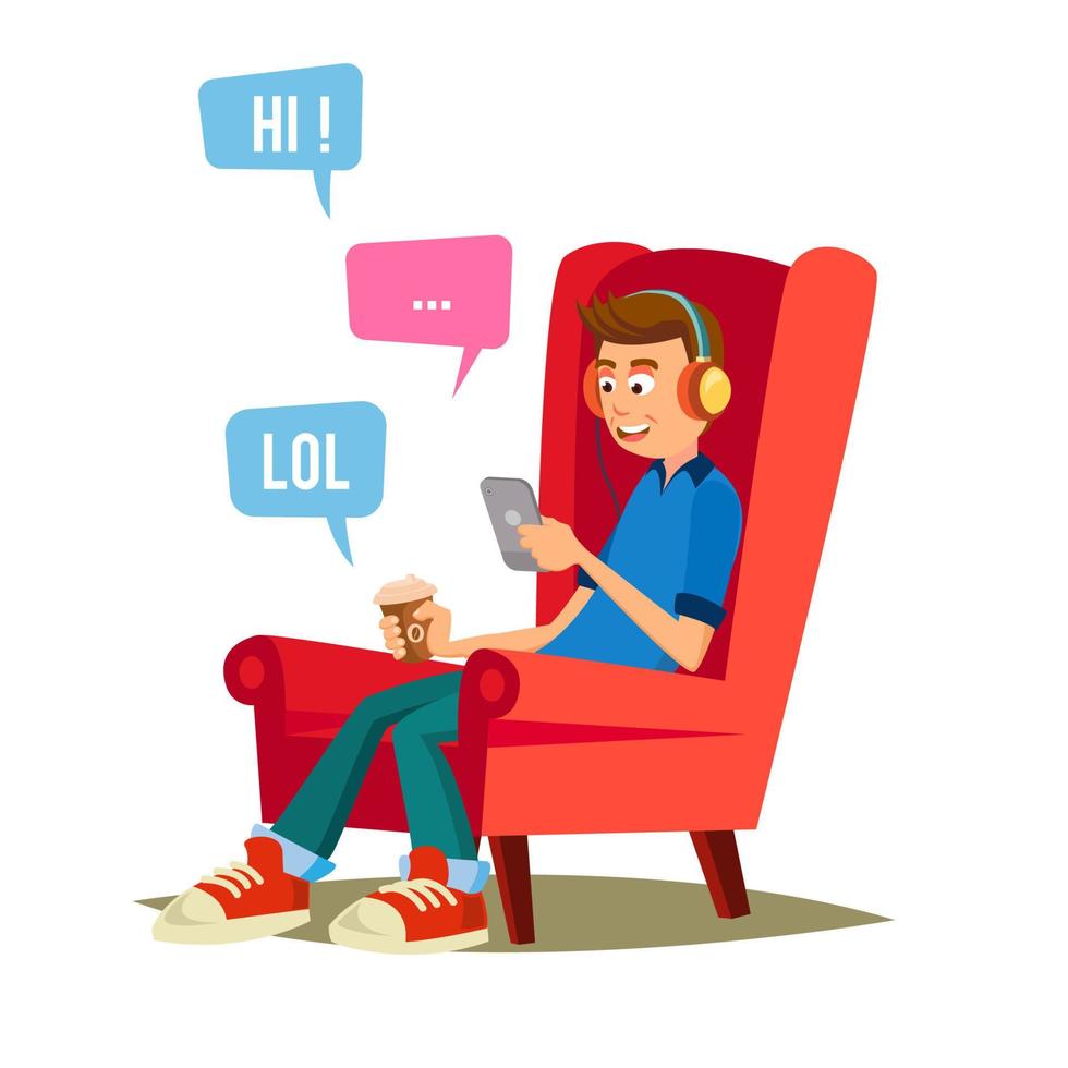 Teen Boy Vector. Happy Boy Talking, Chatting On Network. Devices And Social Media Addiction. Isolated Flat Cartoon Character Illustration vector