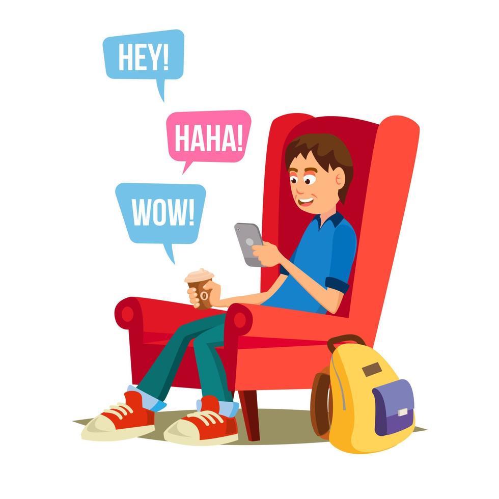 Teen Boy Vector. Happy Boy Communicate On Internet. Using Smartphone. Isolated On White Cartoon Character Illustration vector