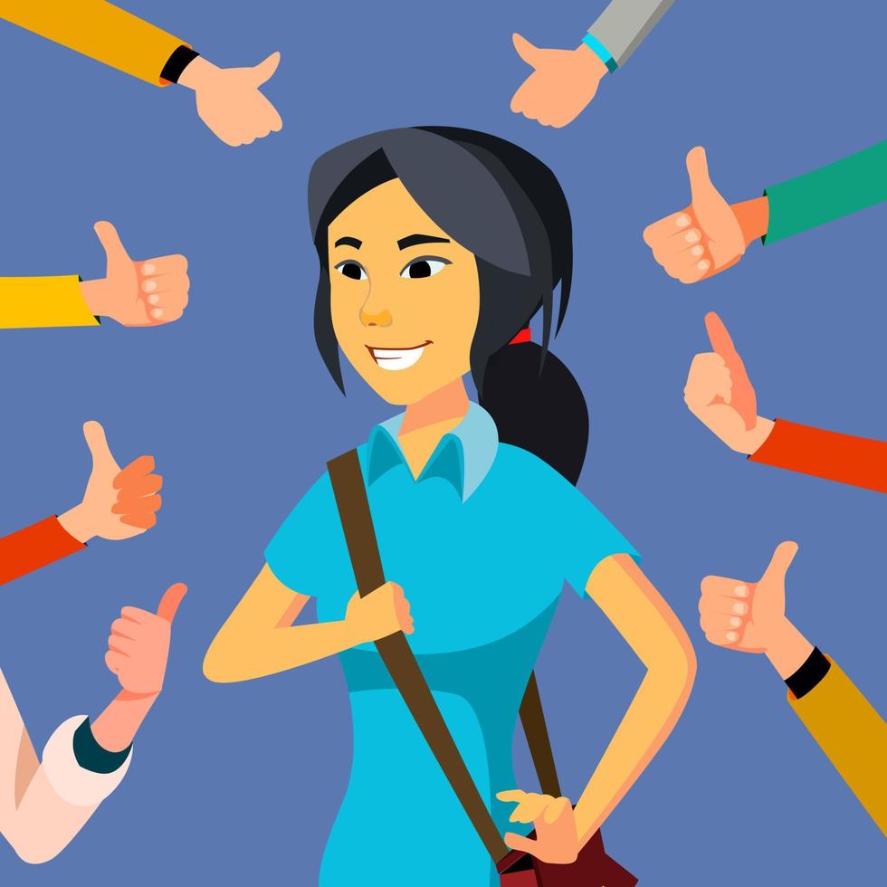 Thumbs Up Business Woman Vector. Public Approval. Asian Worker. Surrounded By Hands. Business Illustration vector