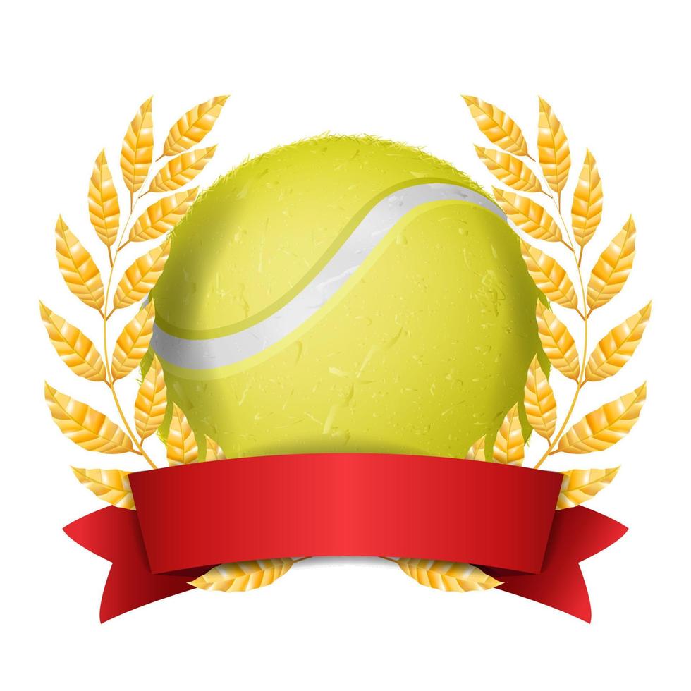 Tennis Award Vector. Sport Banner Background. Yellow Ball, Red Ribbon, Laurel Wreath. 3D Realistic Isolated Illustration vector