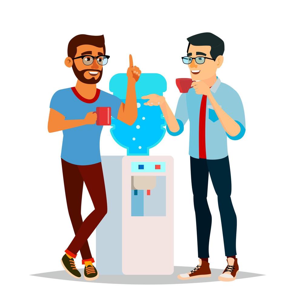 Water Cooler Gossip Vector. Modern Office Water Cooler. Laughing Friends, Office Colleagues Men Talking To Each Other. Communicating Male. Isolated Flat Cartoon Character Illustration vector