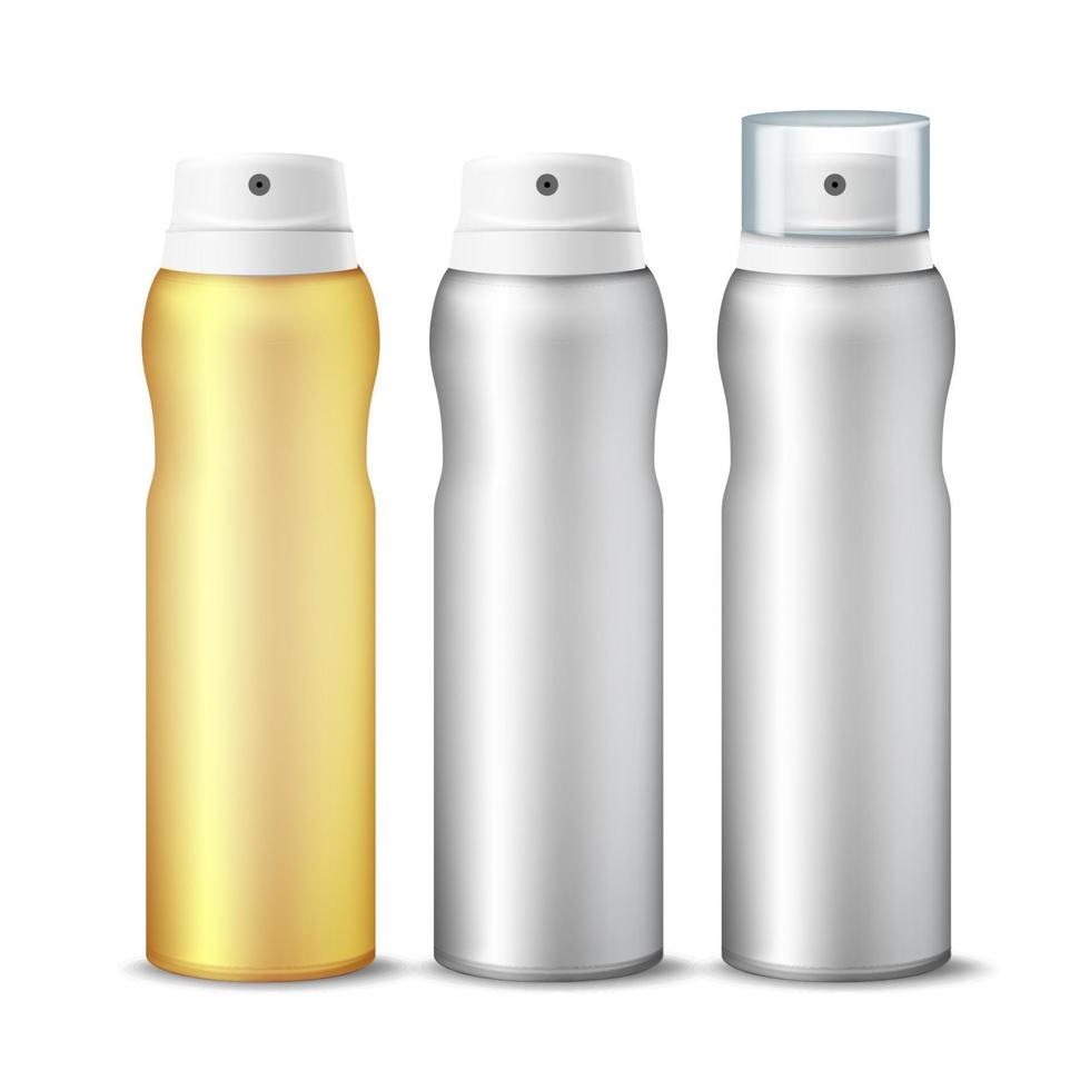 Realistic Cosmetic Spray Can Vector. Aluminium Can Template Blank. Different Deodorant Types. 3D packaging. Isolated Illustration vector