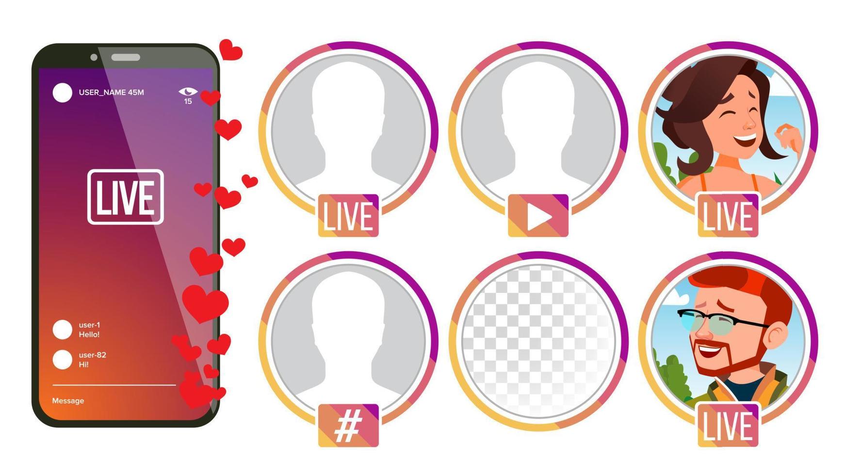 Stories Vector. Girl, Man Streamer. Live Video Streaming. Online Streaming Video. Social Media Concept. Application Mobile Interface. Icon, Avatar. User Streamer. Flat Cartoon Illustration vector