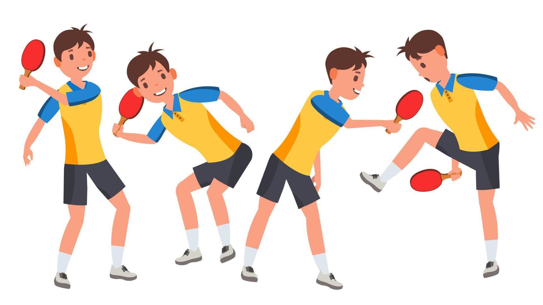 vector de jugador masculino de tenis de mesa. jugando en diferentes poses. partido de juego siluetas atleta hombre. aislado en blanco ilustración de personaje de dibujos animados