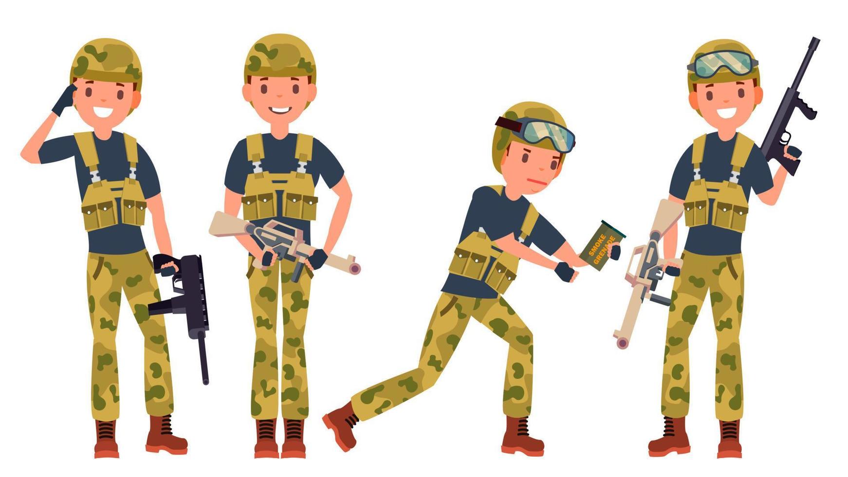 Soldier Male Vector. With Gun. Silhouette. Shooter. Camouflage Uniform. War. Isolated Flat Cartoon Character Illustration vector