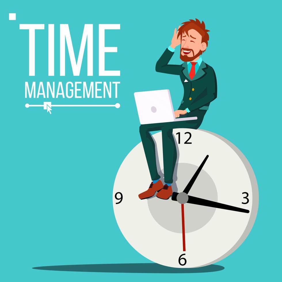 Time Management Man Vector. Huge Clock, Watch. Control. Procrastination. Business Illustration vector