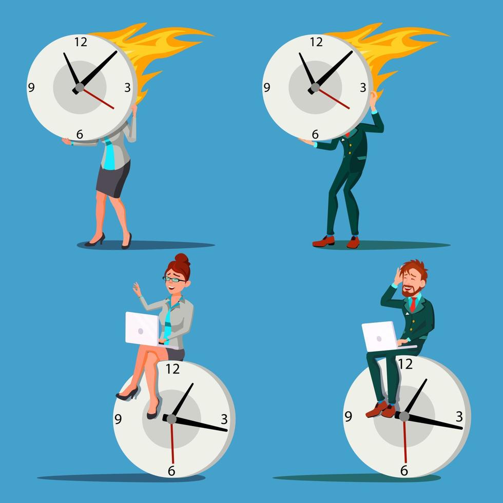 Time Management Man, Woman Vector. Procrastination. Control. Huge Clock, Watch. Business Illustration vector