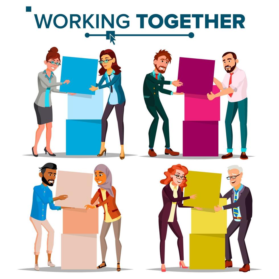 Working Together Concept Vector. Communication, Cooperation. Businessman And Business Woman. Teamwork. Successful Collective. Busy Day. Co-workers. Business People. Isolated Cartoon Illustration vector