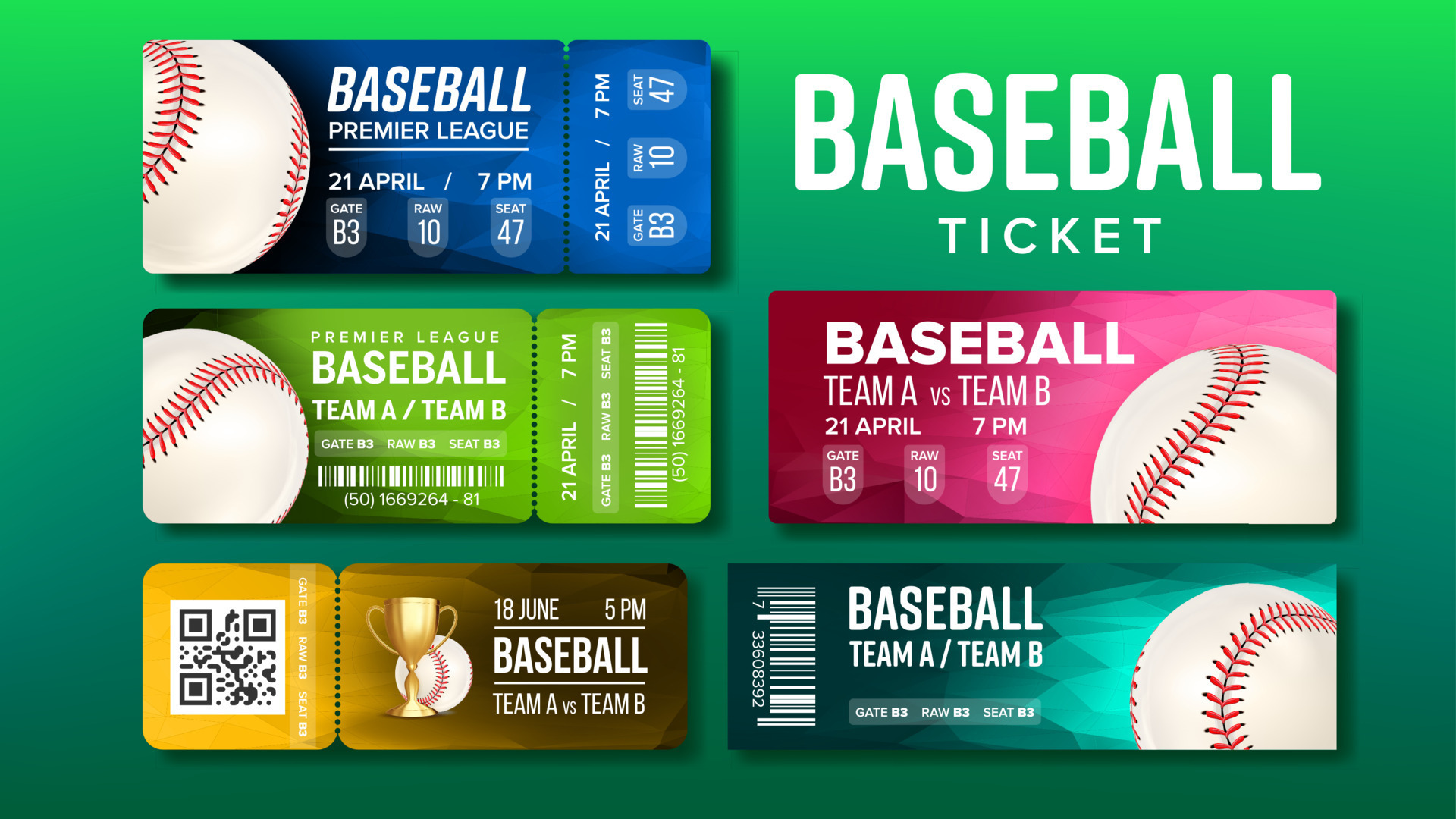 Stylish Design Baseball Game Tickets Set Vector 17607335 Vector Art at